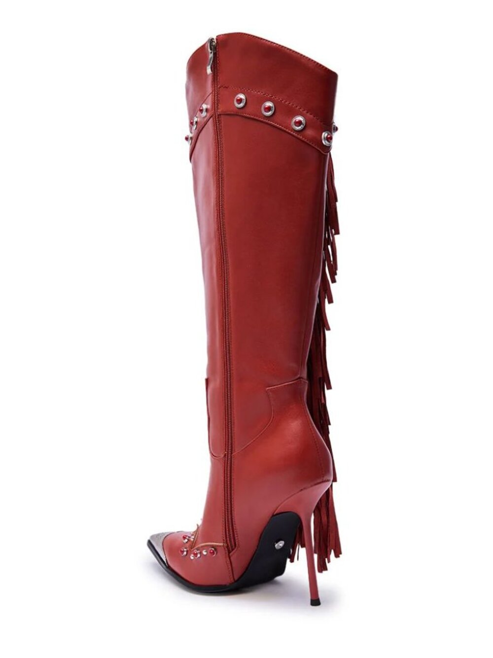 AZALEA WANG Pelagiana Boots Red Fringe Rhinestone Western Stiletto Heels NEW - Picture 3 of 8